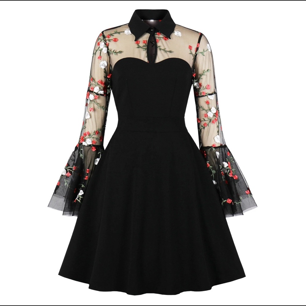 vintage swing party cocktail dress keyhole mesh bell long sleeve dress 4X 3X